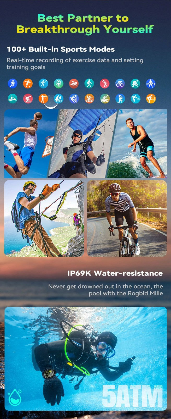 Rugged sports smart watch 1.91 inch 520mAH multi-scene sports mode - Gold_3