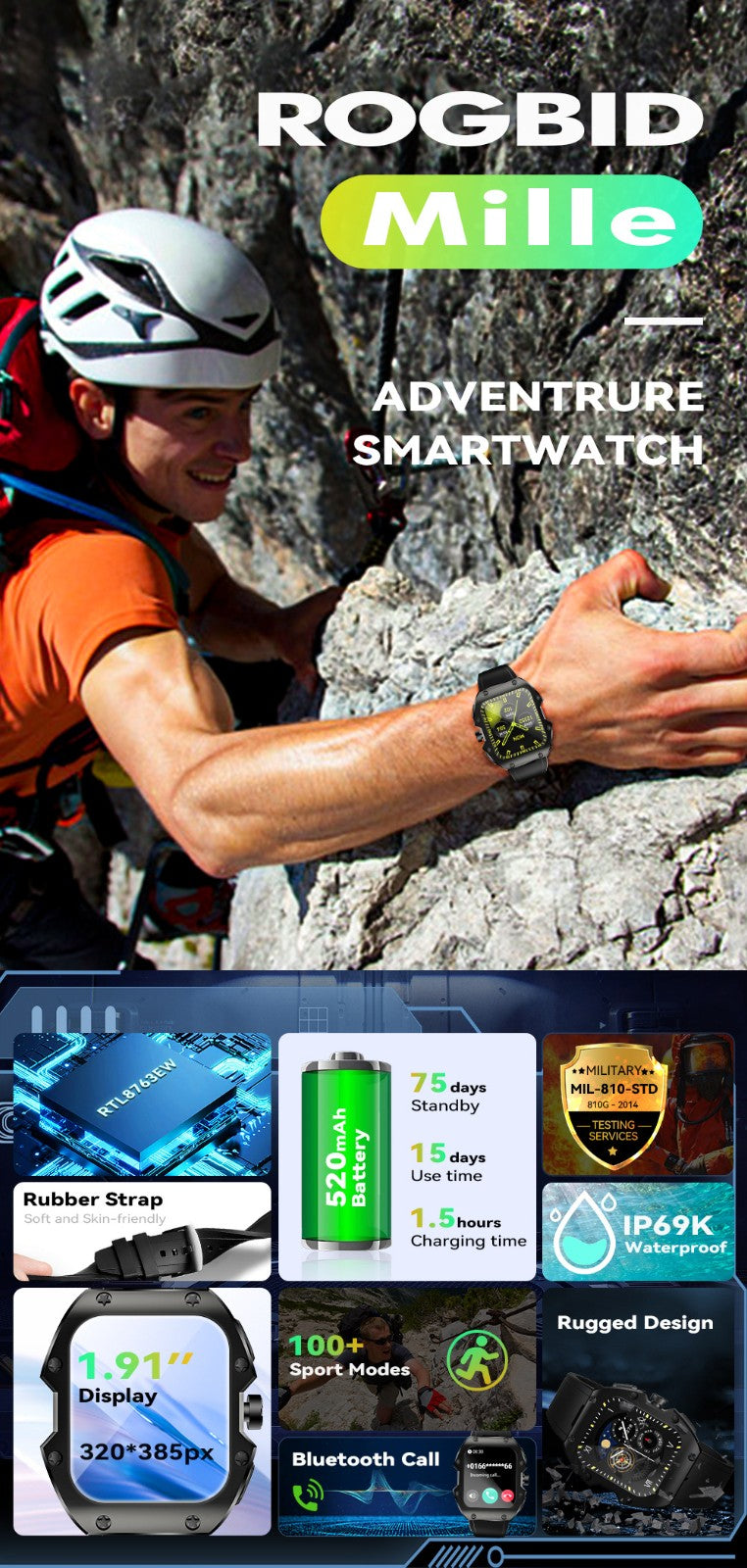 Rugged sports smart watch 1.91 inch 520mAH multi-scene sports mode - Gold_1