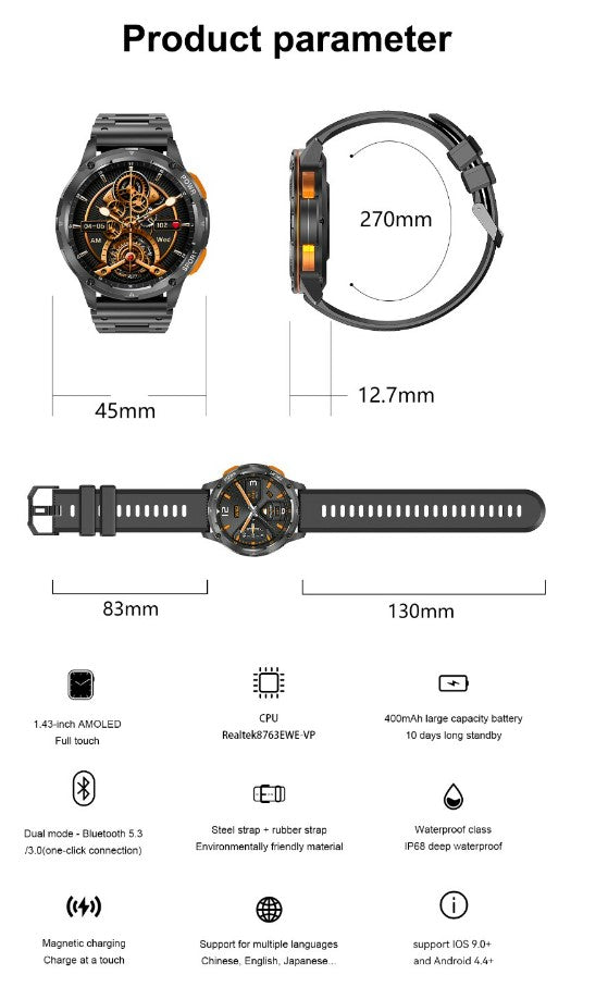 AK59 Smart Watch HD AMLOED Screen w/ health monitoring - Jinsanzhu Steel Strap_8