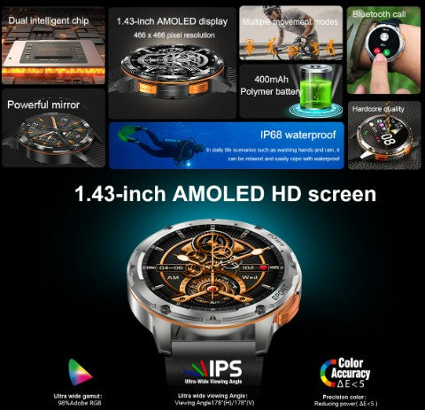 AK59 Smart Watch HD AMLOED Screen w/ health monitoring - Jinsanzhu Steel Strap_1