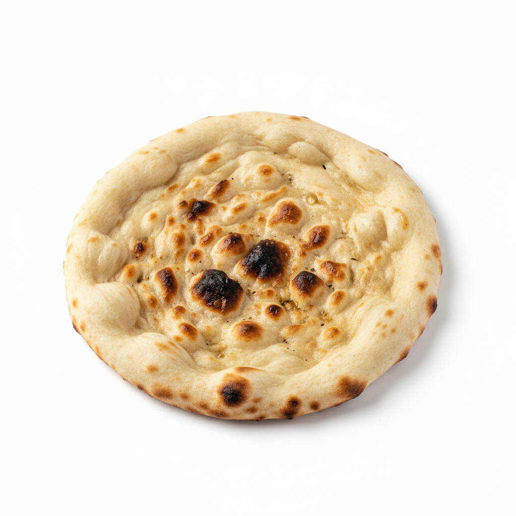 Naan
Single-layer bread with a light and slightly fluffy texture and golden-brown spots from the baking process.
