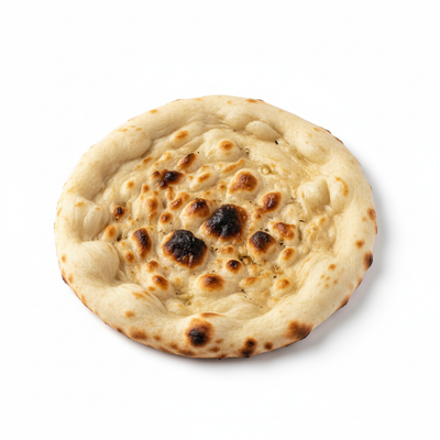Naan
Single-layer bread with a light and slightly fluffy texture and golden-brown spots from the baking process.
